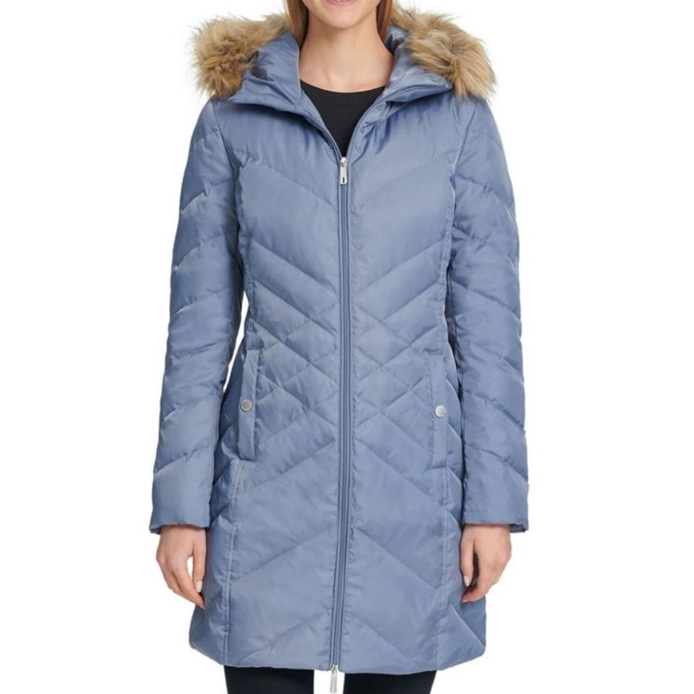 Kenneth Cole Reaction Gray Blue Quilted Faux Fur Hooded Jacket